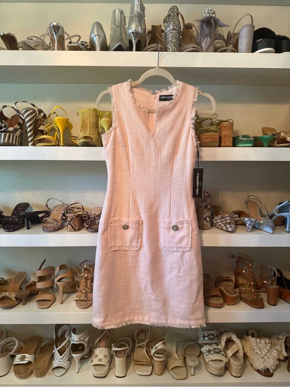 Karl Lagerfeld Soft Pink Tweed Sheath Dress with Pocket Details